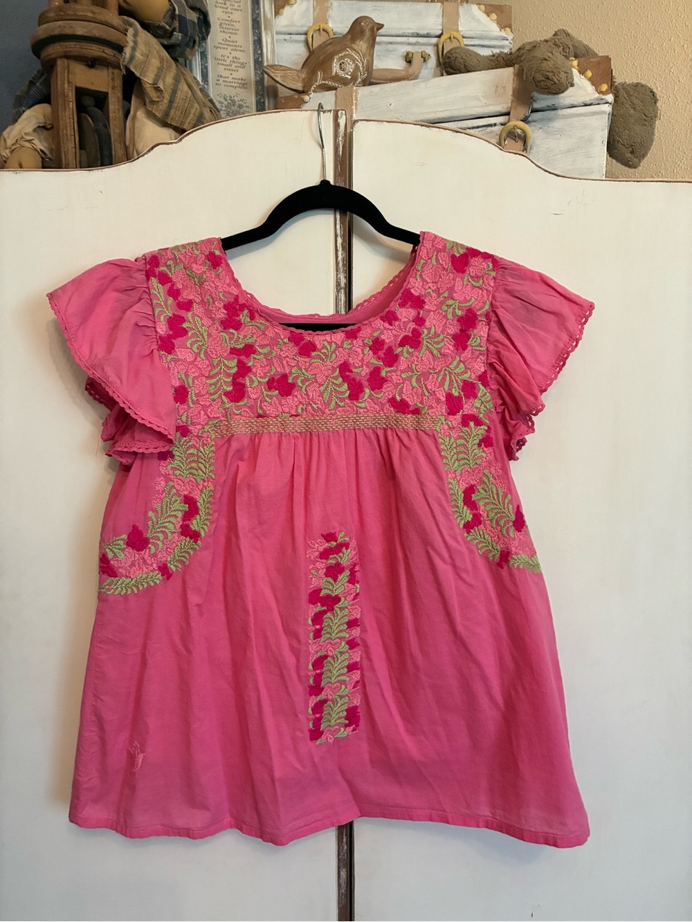 Pink Embroidered Flutter Sleeve Women's Top